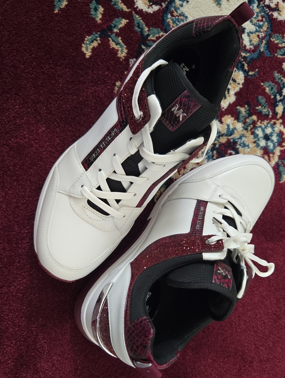 Michaeel Michael Kors White and Burgundy Women's Lace-Up Fashion Sneakers